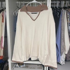 Chic V-Neck Sweater in Cream and Brown